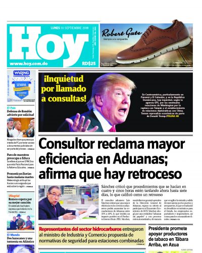 Portada Periódico Hoy, Lunes 10 de Septiembre 2018