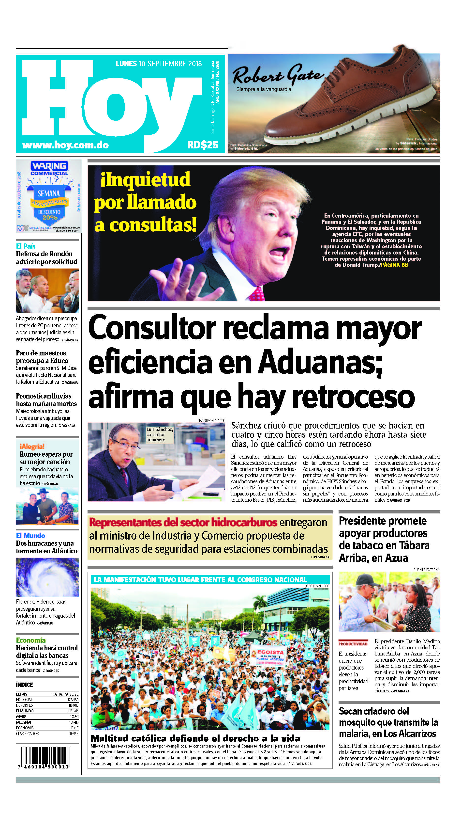 Portada Periódico Hoy, Lunes 10 de Septiembre 2018