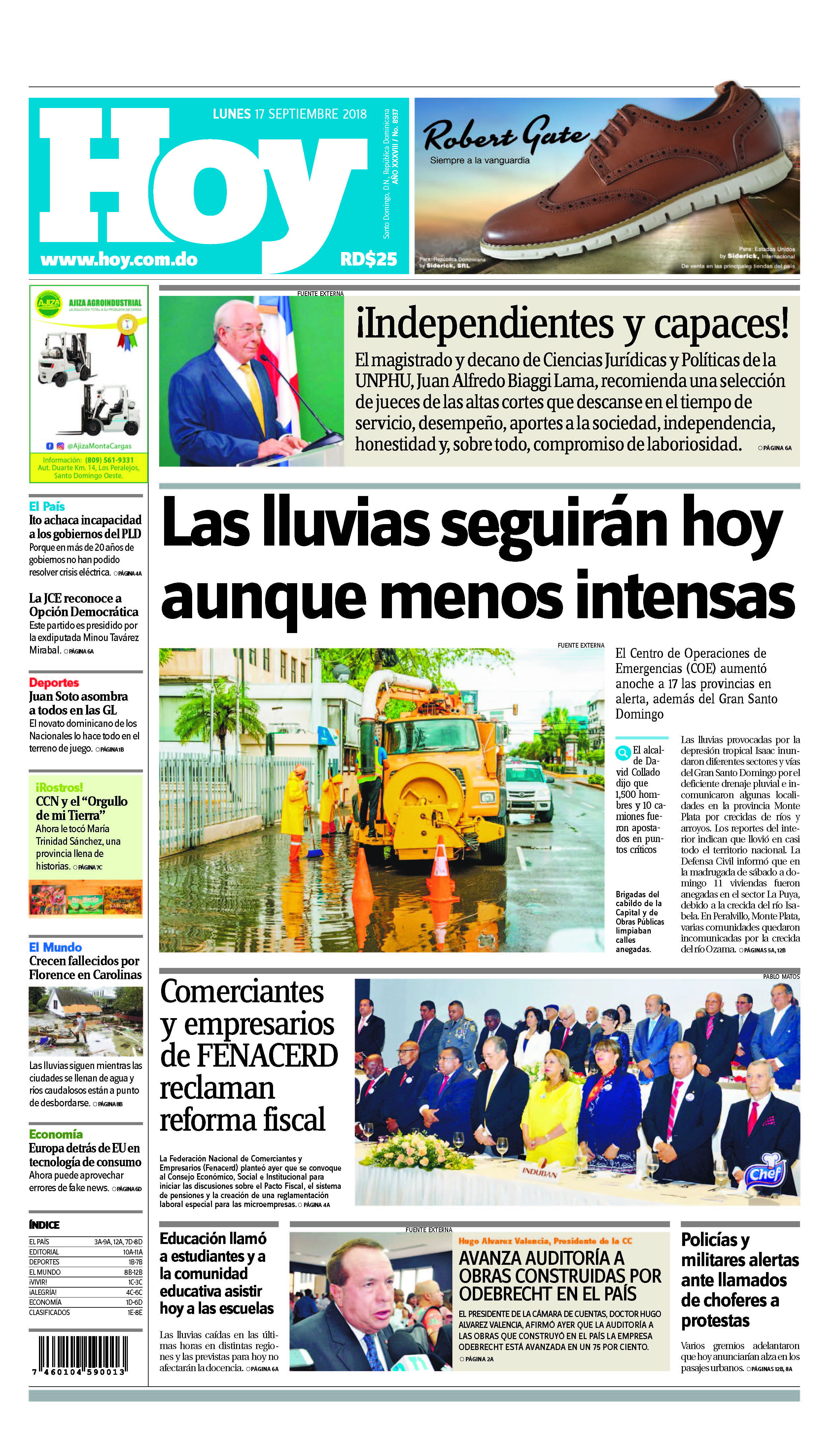Portada Periódico Hoy, Lunes 17 de Septiembre 2018