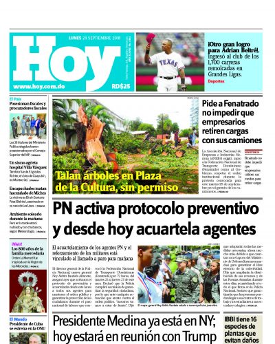 Portada Periódico Hoy, Lunes 24 de Septiembre 2018