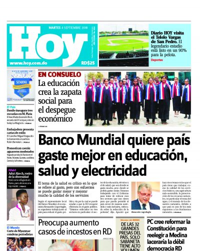 Portada Periódico Hoy, Martes 04 de Septiembre 2018