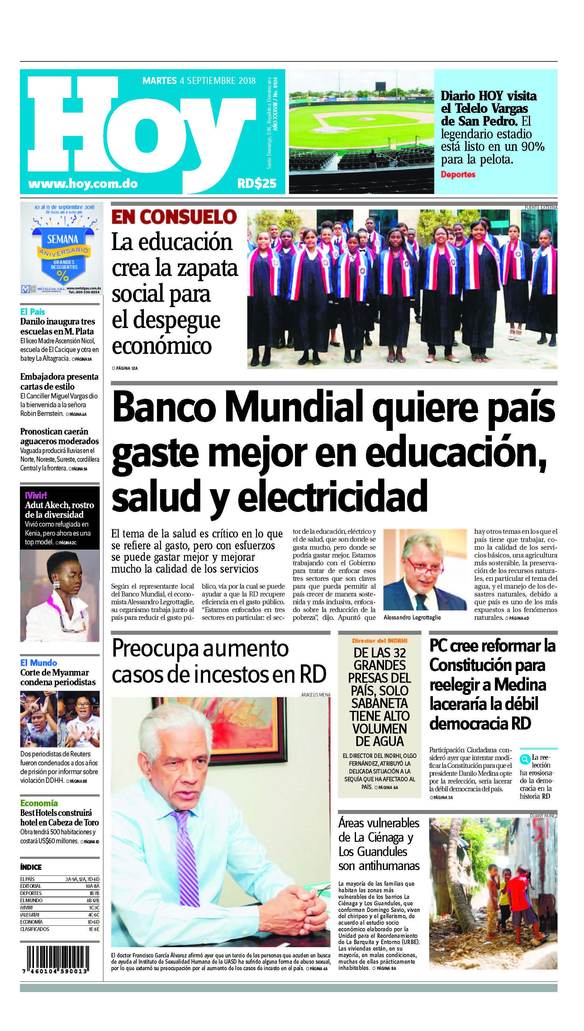 Portada Periódico Hoy, Martes 04 de Septiembre 2018