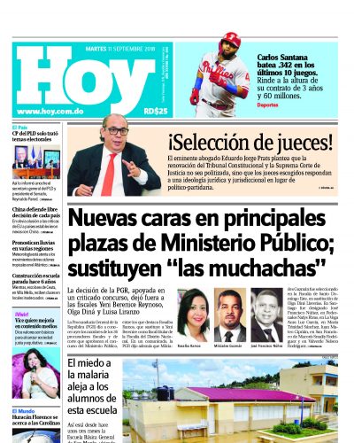 Portada Periódico Hoy, Martes 11 de Septiembre 2018