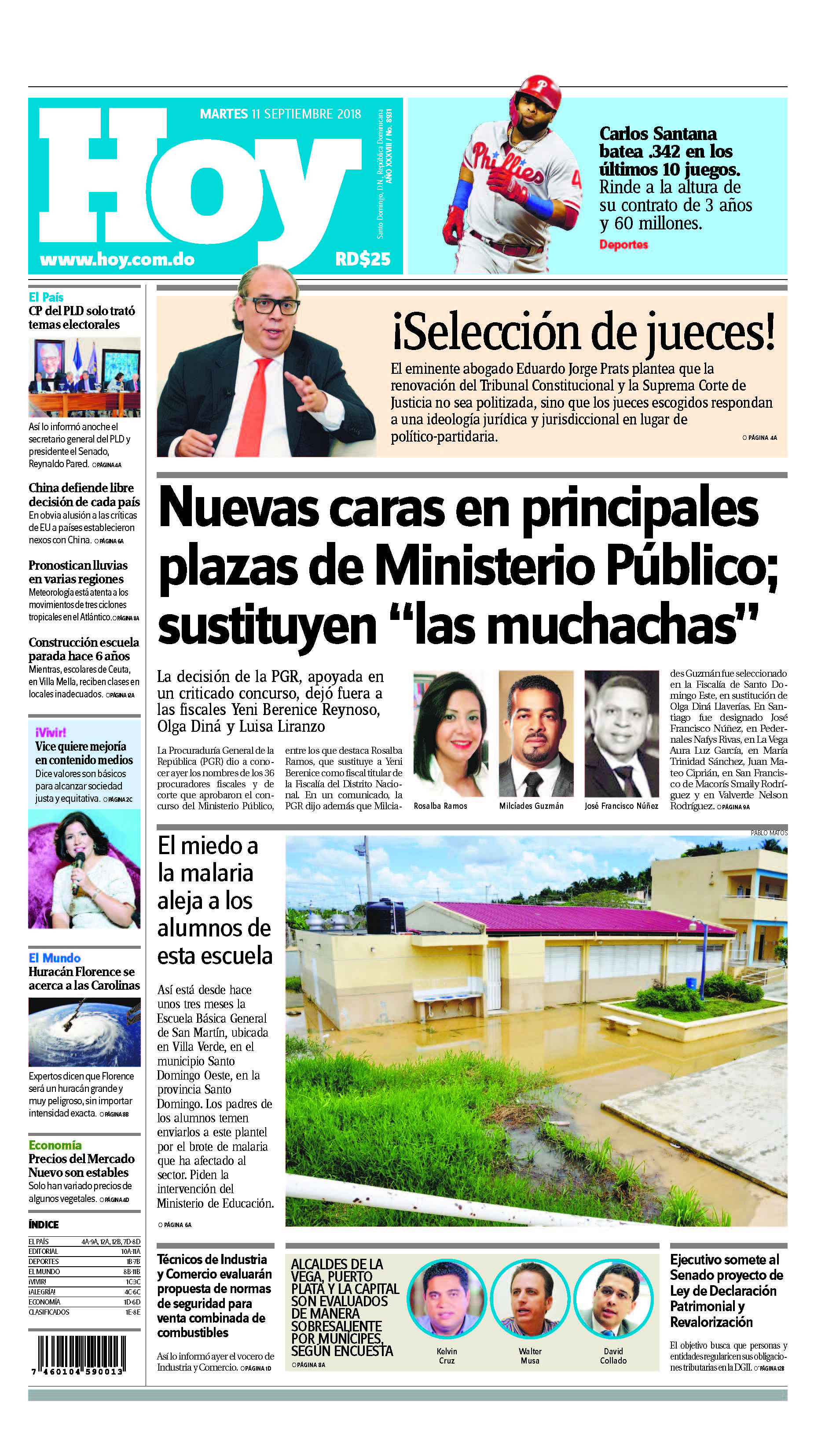 Portada Periódico Hoy, Martes 11 de Septiembre 2018