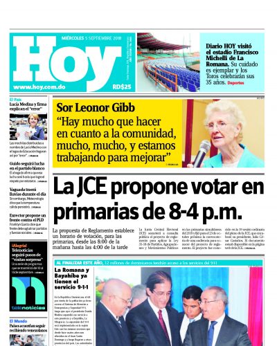 Portada Periódico Hoy, Miércoles 05 de Septiembre 2018