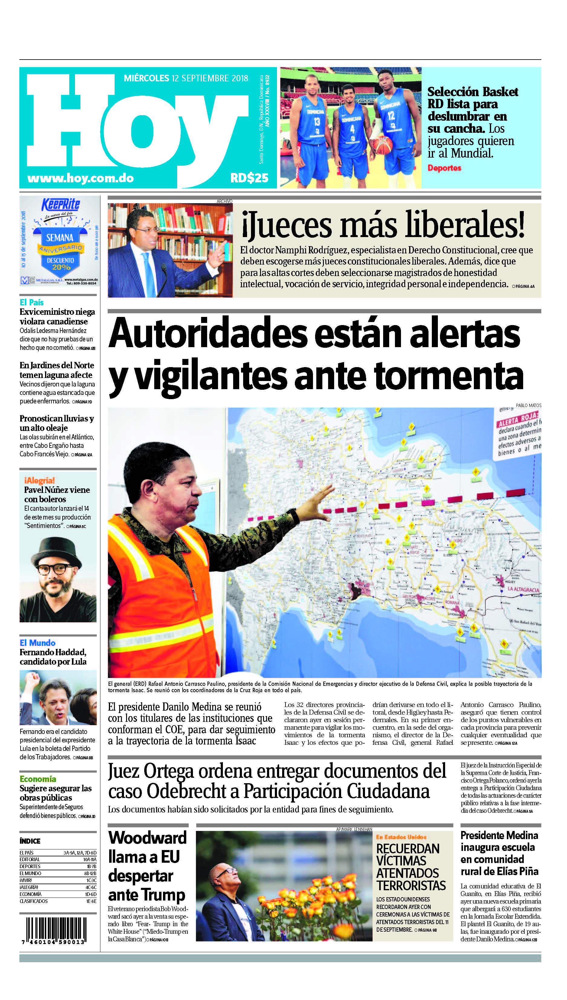 Portada Periódico Hoy, Miércoles 12 de Septiembre 2018