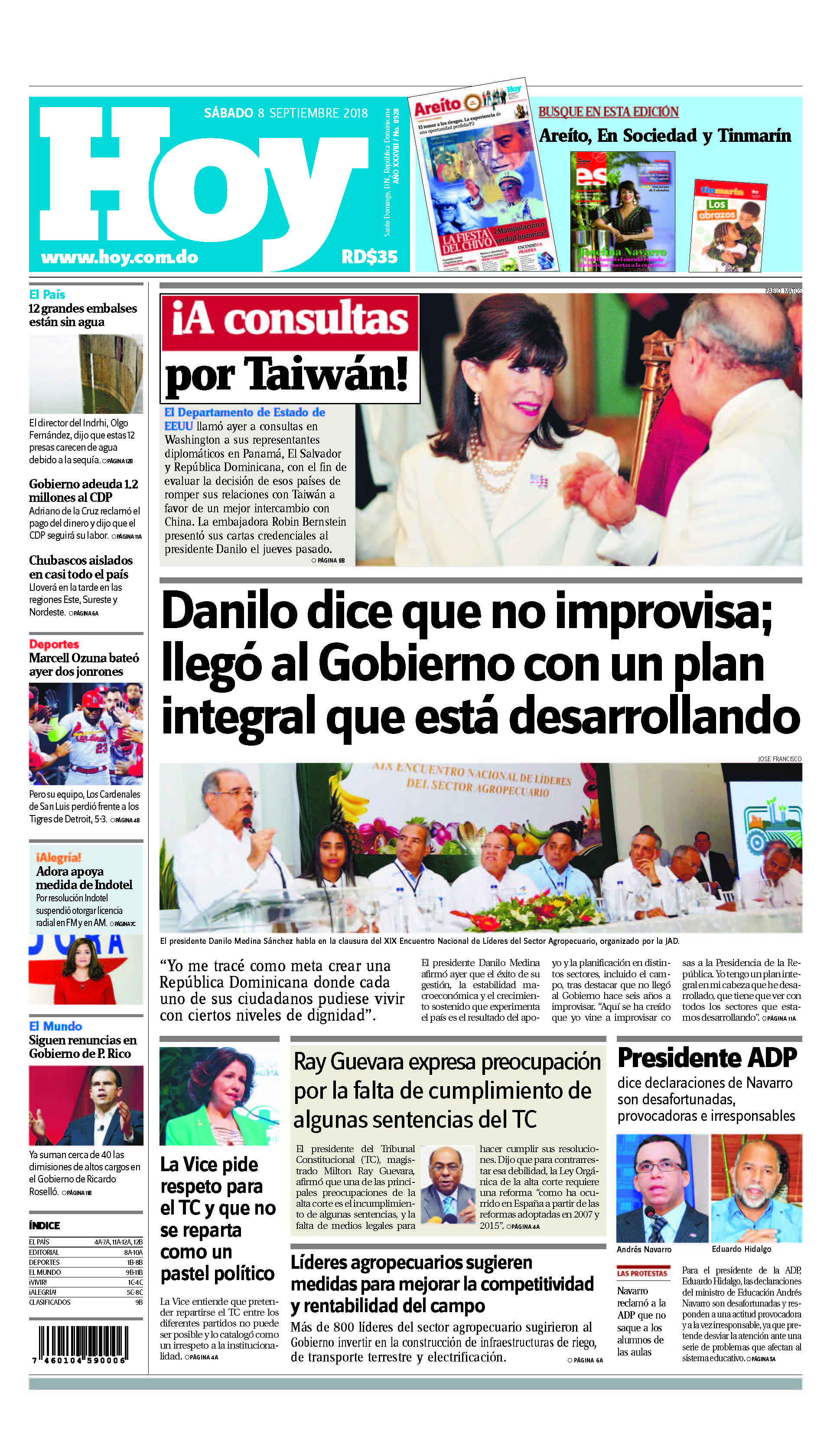 Portada Periódico Hoy, Sábado 08 de Septiembre 2018