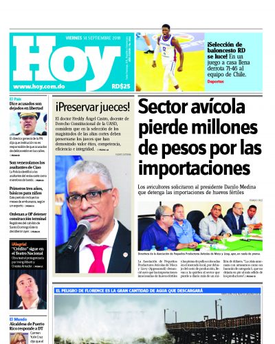 Portada Periódico Hoy, Viernes 14 de Septiembre 2018