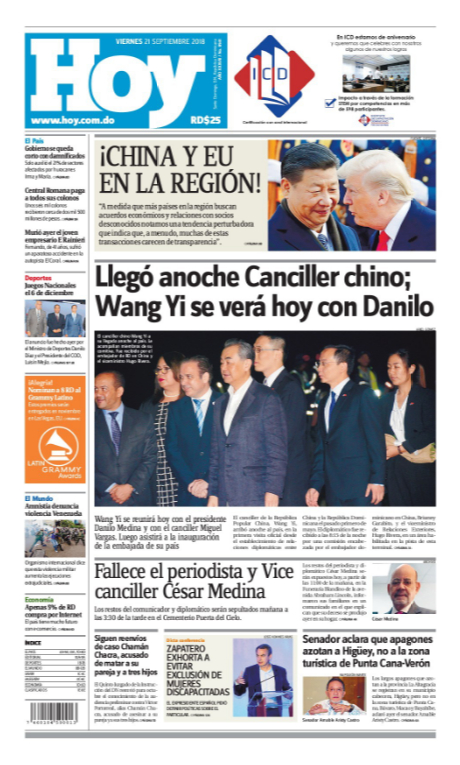 Portada Periódico Hoy, Viernes 21 de Septiembre 2018