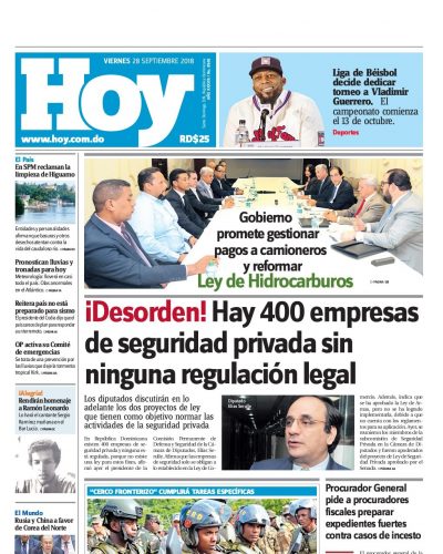 Portada Periódico Hoy, Viernes 28 de Septiembre 2018