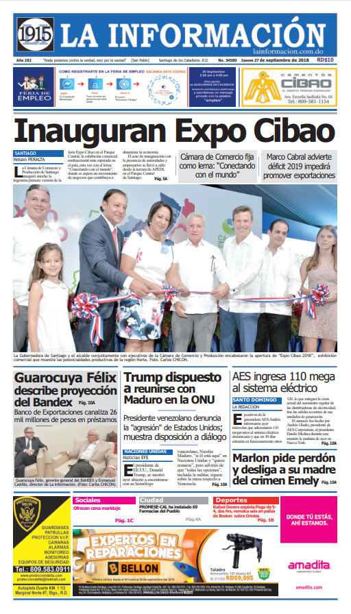 Portada Periódico La Información, Jueves 27 de Septiembre 2018