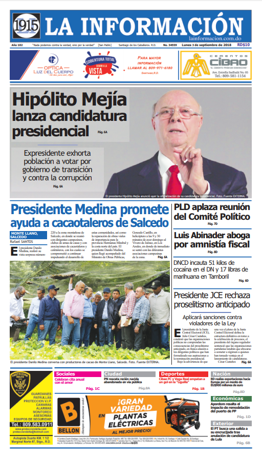 Portada Periódico La Información, Lunes 03 de Septiembre 2018