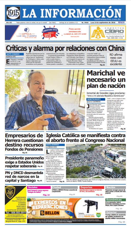 Portada Periódico La Información, Lunes 10 de Septiembre 2018