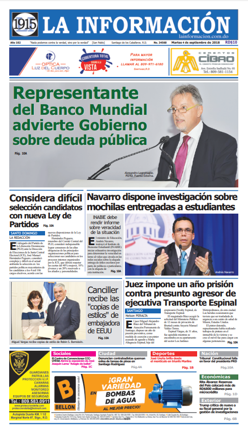 Portada Periódico La Información, Martes 04 de Septiembre 2018