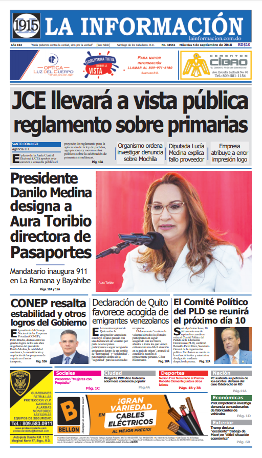 Portada Periódico La Información, Miércoles 05 de Septiembre 2018