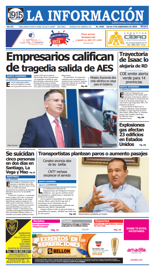 Portada Periódico La Información, Viernes 14 de Septiembre 2018