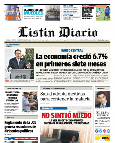 Portada Periódico Listín Diario, Jueves 07 de Septiembre 2018