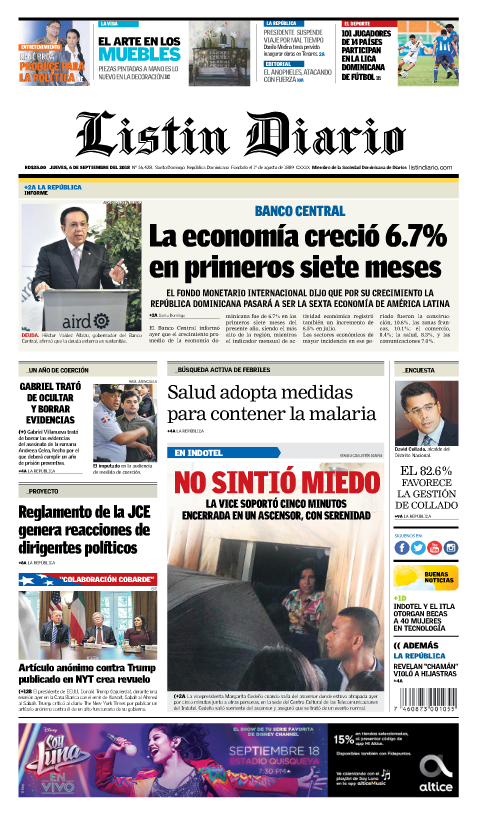Portada Periódico Listín Diario, Jueves 07 de Septiembre 2018