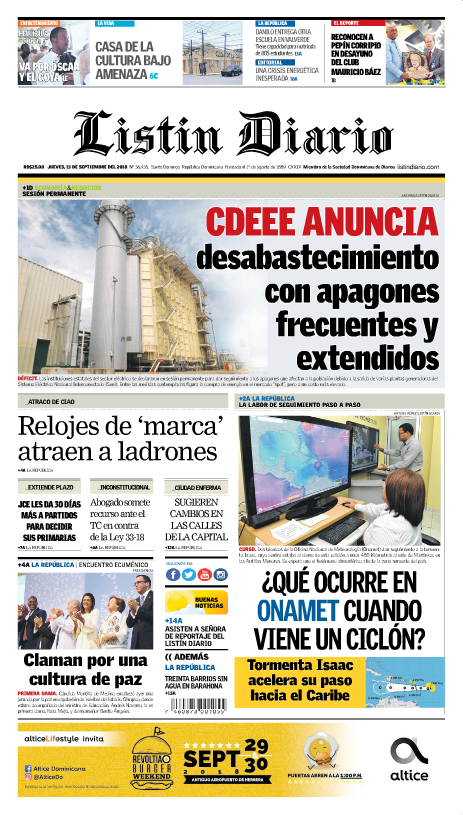Portada Periódico Listín Diario, Jueves 13 de Septiembre 2018