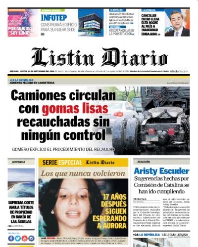 Portada Periódico Listín Diario, Jueves 20 de Septiembre 2018