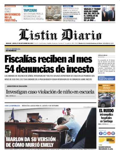 Portada Periódico Listín Diario, Jueves 27 de Septiembre 2018