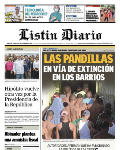 Portada Periódico Listín Diario, Lunes 03 de Septiembre 2018