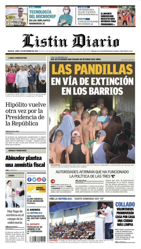 Portada Periódico Listín Diario, Lunes 03 de Septiembre 2018