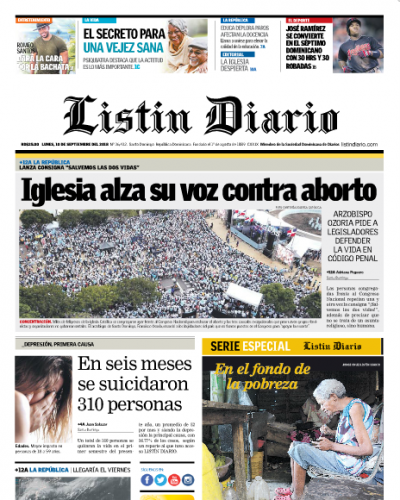 Portada Periódico Listín Diario, Lunes 10 de Septiembre 2018