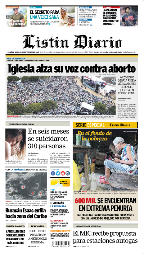 Portada Periódico Listín Diario, Lunes 10 de Septiembre 2018