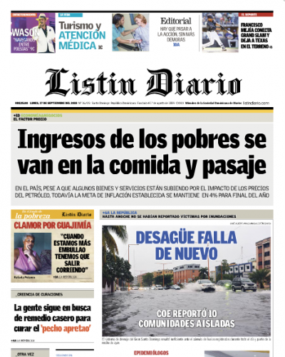 Portada Periódico Listín Diario, Lunes 17 de Septiembre 2018