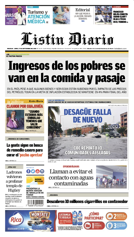 Portada Periódico Listín Diario, Lunes 17 de Septiembre 2018
