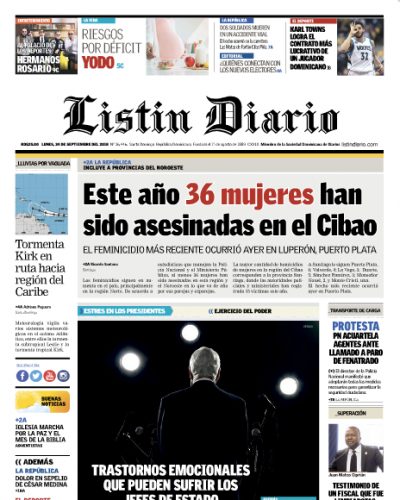 Portada Periódico Listín Diario, Lunes 24 de Septiembre 2018