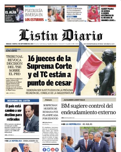 Portada Periódico Listín Diario, Martes 04 de Septiembre 2018