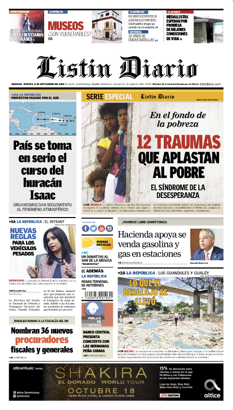 Portada Periódico Listín Diario, Martes 11 de Septiembre 2018