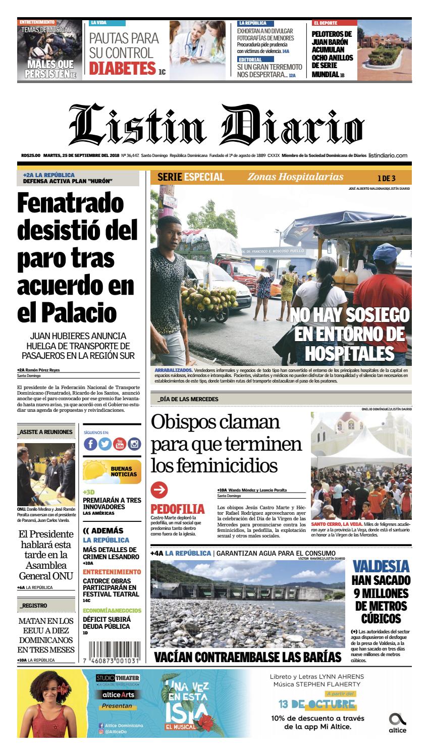 Portada Periódico Listín Diario, Martes 25 de Septiembre 2018