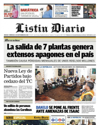 Portada Periódico Listín Diario, Miércoles 12 de Septiembre 2018
