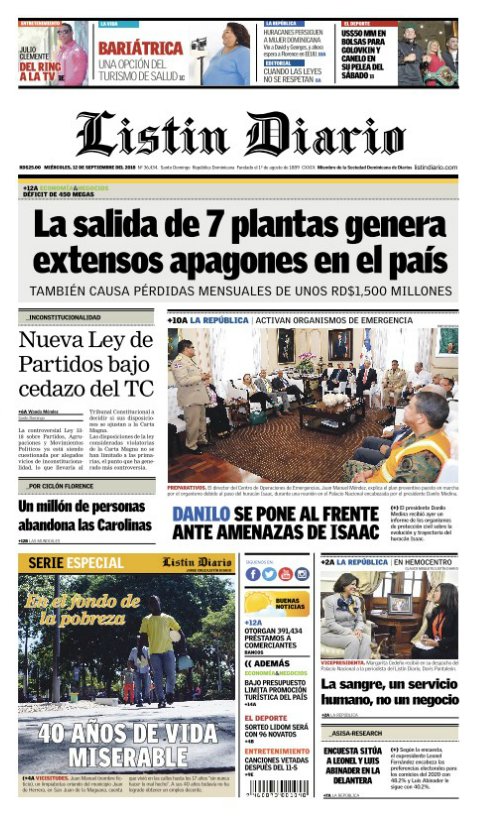 Portada Periódico Listín Diario, Miércoles 12 de Septiembre 2018