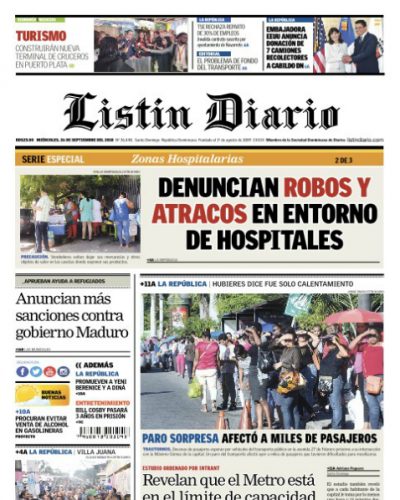 Portada Periódico Listín Diario, Miércoles 26 de Septiembre 2018
