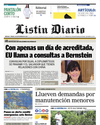 Portada Periódico Listín Diario, Sábado 08 de Septiembre 2018