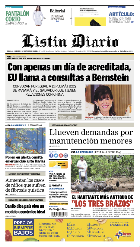 Portada Periódico Listín Diario, Sábado 08 de Septiembre 2018