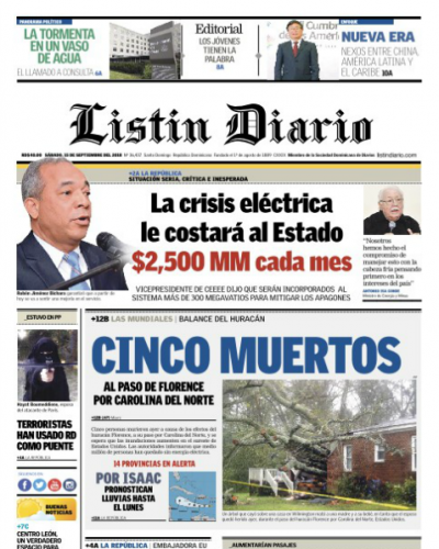 Portada Periódico Listín Diario, Sábado 15 de Septiembre 2018