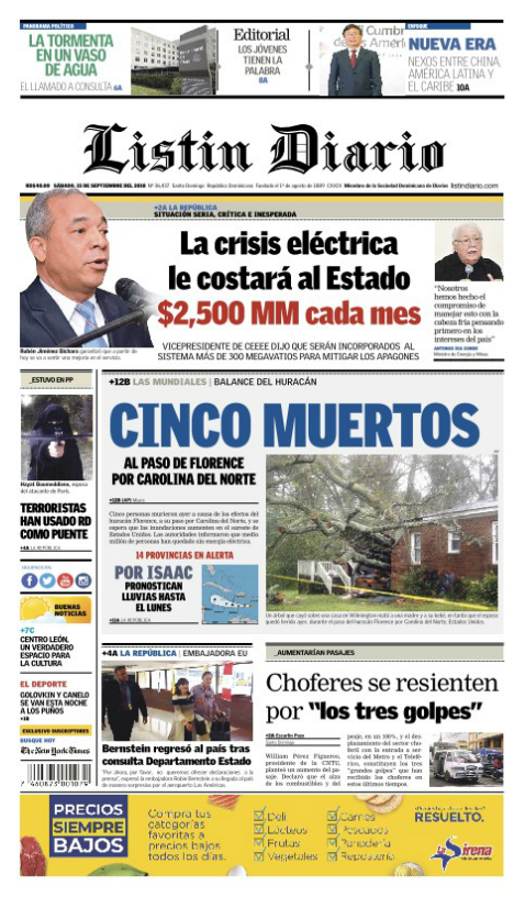 Portada Periódico Listín Diario, Sábado 15 de Septiembre 2018
