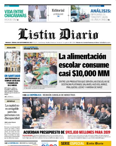 Portada Periódico Listín Diario, Sábado 22 de Septiembre 2018