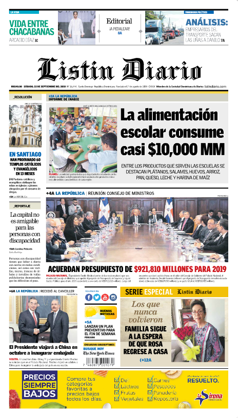 Portada Periódico Listín Diario, Sábado 22 de Septiembre 2018