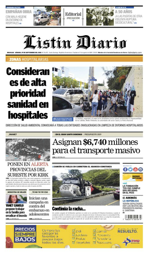 Portada Periódico Listín Diario, Sábado 29 de Septiembre 2018