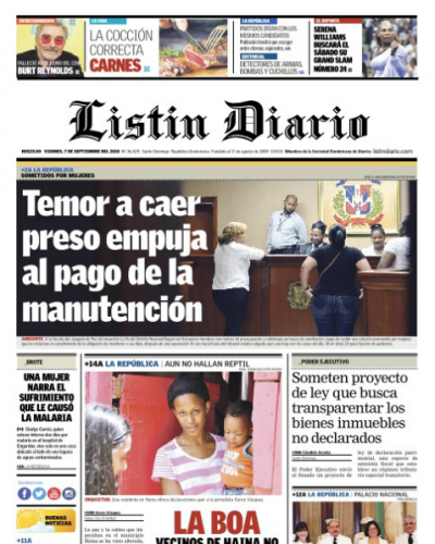 Portada Periódico Listín Diario, Viernes 07 de Septiembre 2018