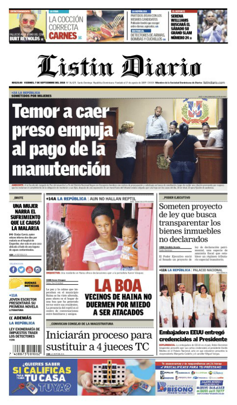 Portada Periódico Listín Diario, Viernes 07 de Septiembre 2018