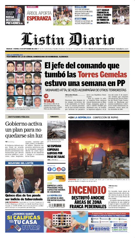 Portada Periódico Listín Diario, Viernes 14 de Septiembre 2018