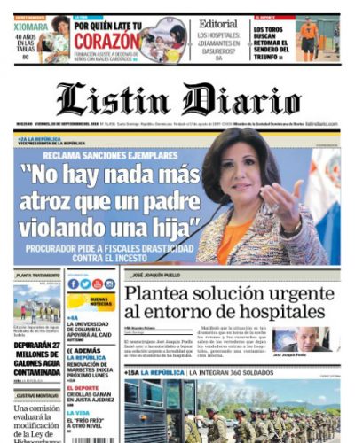 Portada Periódico Listín Diario, Viernes 28 de Septiembre 2018