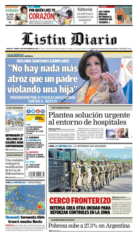 Portada Periódico Listín Diario, Viernes 28 de Septiembre 2018